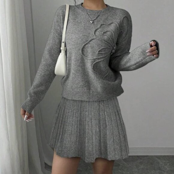 Casual Round Neck Embroidered A-Line Pleated Skirt & Sweater Set - Picture 1 of 3